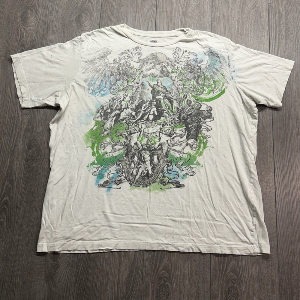 No Boundaries Mens Y2K Graphic T-Shirt 2XL Off White Divide Impera Angel Wings